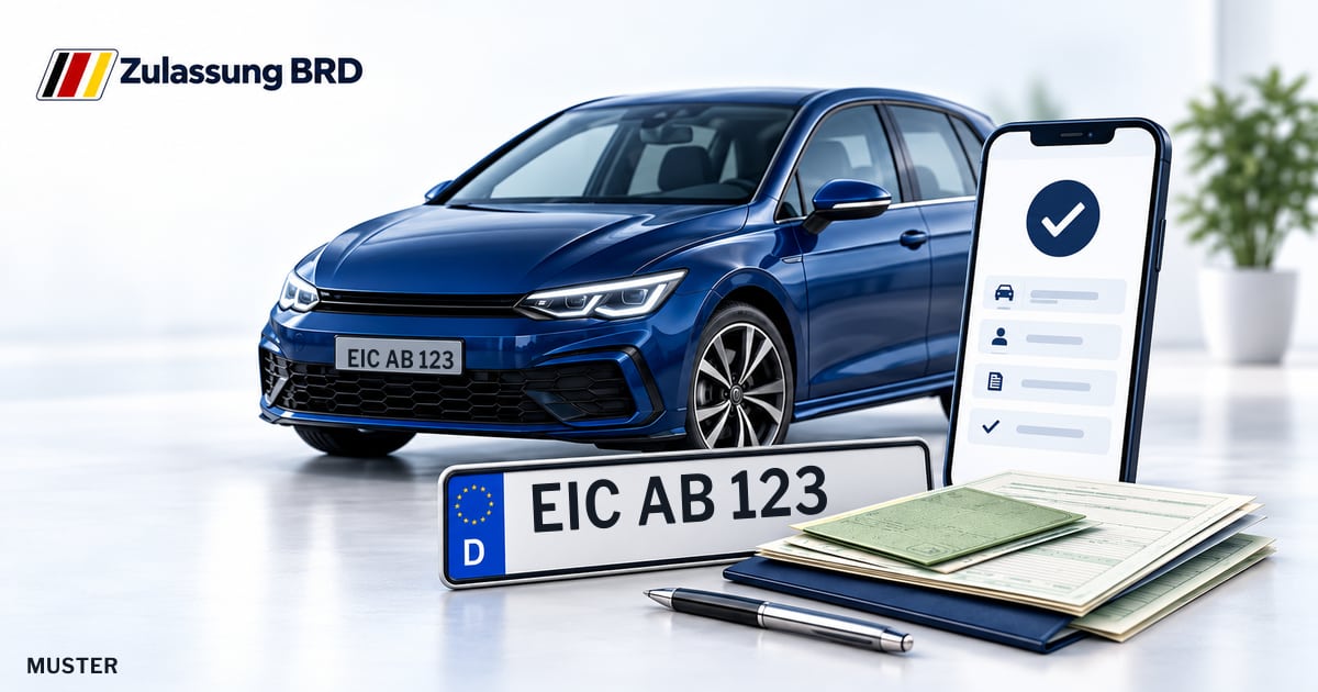 Online Fahrzeugzulassung in Dingelstädt: Musterkennzeichen EIC AB 123, Auto und Fahrzeugpapiere und Smartphone. Illustration mit Logo von Zulassung BRD.